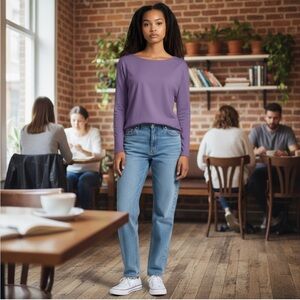 Eileen Fisher Long-Sleeved 100% Silk Boat Neck Blouse Top, Lilac Purple, Size M